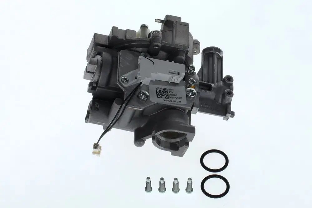 Gasarmatur von Bosch, mit elektrischen Verbindungen, einer Gasventilkomponente und vier Schrauben sowie zwei O-Ringen im Lieferumfang.